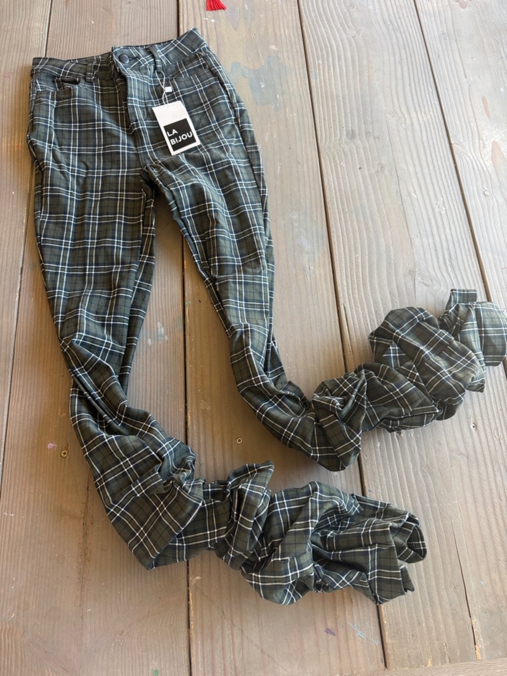La Bijou Women's Olive Plaid Skinny Pants